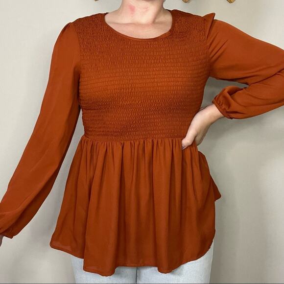 Cato Burnt Orange Peplum Blouse with Ruching Size Small - Picture 1 of 8
